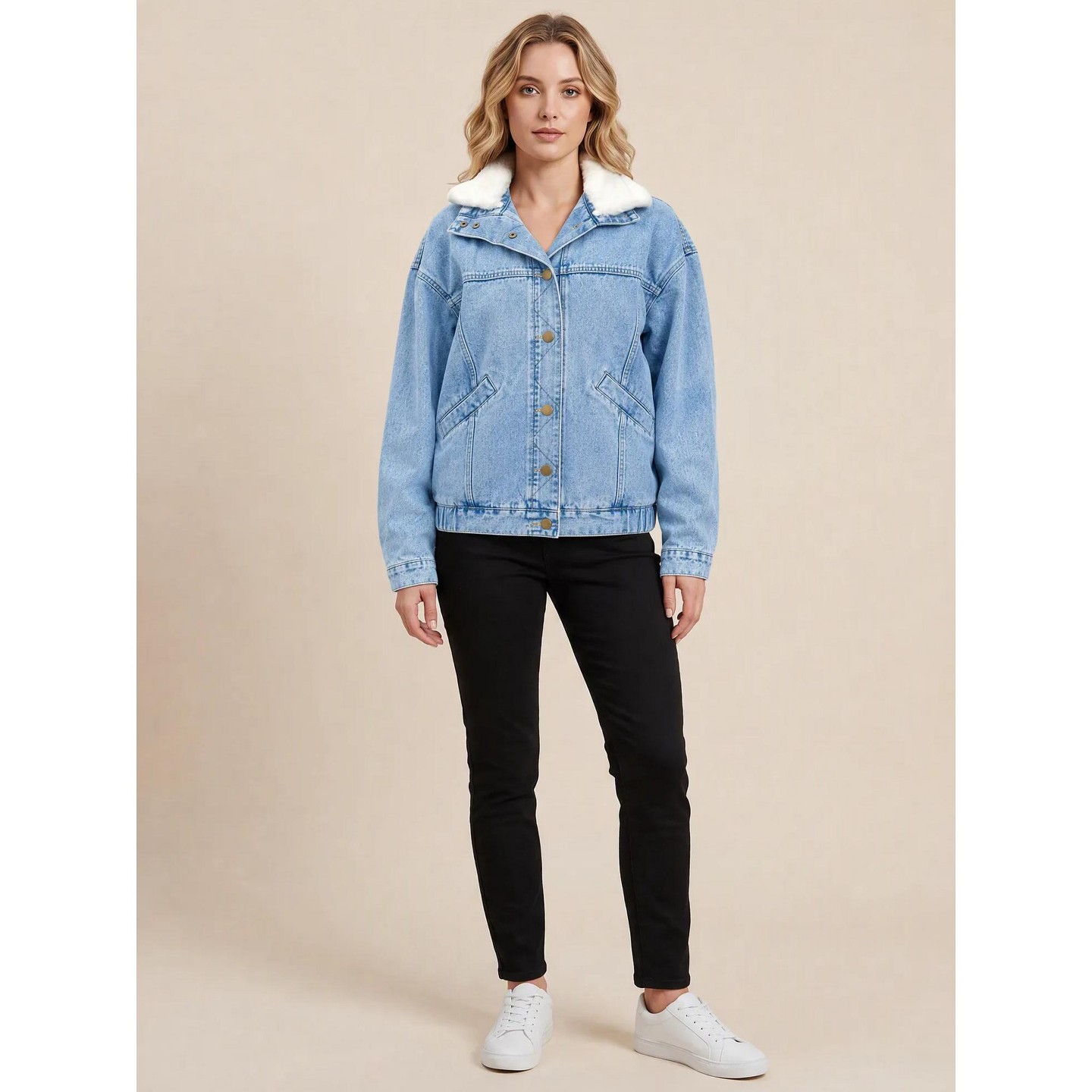 Женская куртка INSPIRE CHIC Fleece Collar Side Pocket Long Sleeve Button Down Outerwear Denim Jacket Large Snowflake Blue, цвет: Джинсовый — фото 2