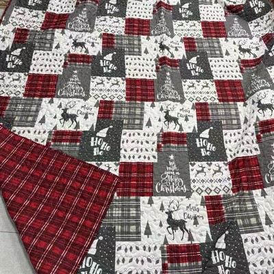 Christmas Quilt Set, Reversible Printed 3 Pieces Quilts Coverlet Bed Set Holiday Decorative Bedding, Soft Microfiber Fabric