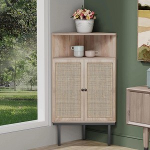 Brafabhome 4-Tier Corner Storage Cabinet with Handmade Natural Rattan Doors, Free Standing Corner Cabinet with Adjustable Shelves | Nature - 1 of 4