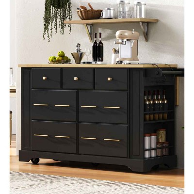 Kitchen Island with Drop Leaf and Power Outlet, Rolling Cart with 6 Drawers and Pull-Out Trash Cabinet, MDF Frame Kitchen Island-Coolbibila