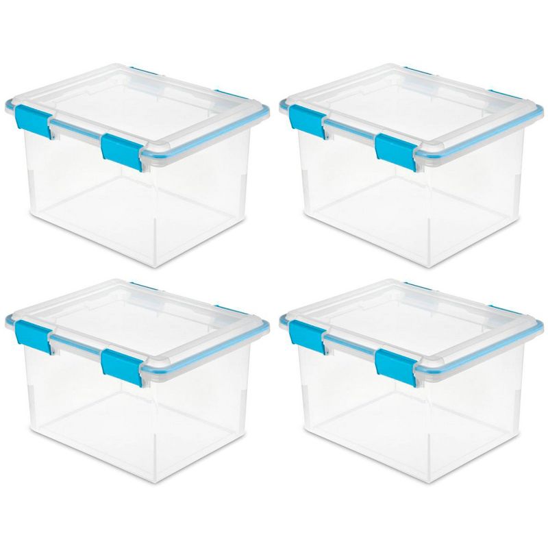 Sterilite 32 Quart Stackable Clear Plastic Storage Tote Container with Blue Gasket Latching Lid for Home and Office Organization, Clear, 1 of 7