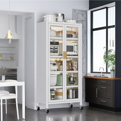 67.32"Open-door kitchen shelving Floor-to-ceiling multilevel household microwave storage cabinet bowls side cabinets white