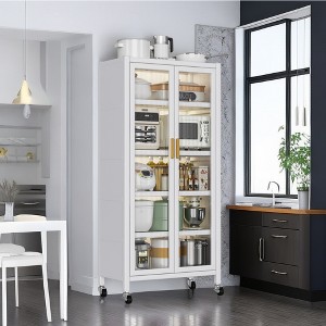 67.32"Open-door kitchen shelving Floor-to-ceiling multilevel household microwave storage cabinet bowls side cabinets white - 1 of 4