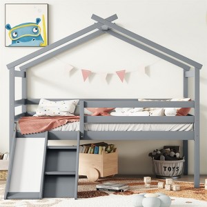 RISOKEYS Twin Low Loft House Bed - Loft Bed with Slide, Ladder, Safety Guardrails, House Roof Frame for Girls or Boys, Grey - 1 of 4