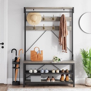 Coat Rack with Shoe Rack & Bench, Hall Tree Storage Bench with 8 Hooks, Large Coat Rack with Shoe Bench for Hallway, Living Room, Bedroom - 1 of 4