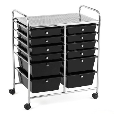 Black 12-Drawer Rolling Storage Cart with Chrome Frame