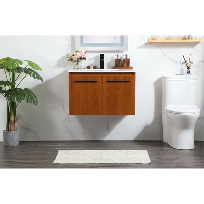 Teak Floating Bathroom Vanity with Quartz Top and Black Handles