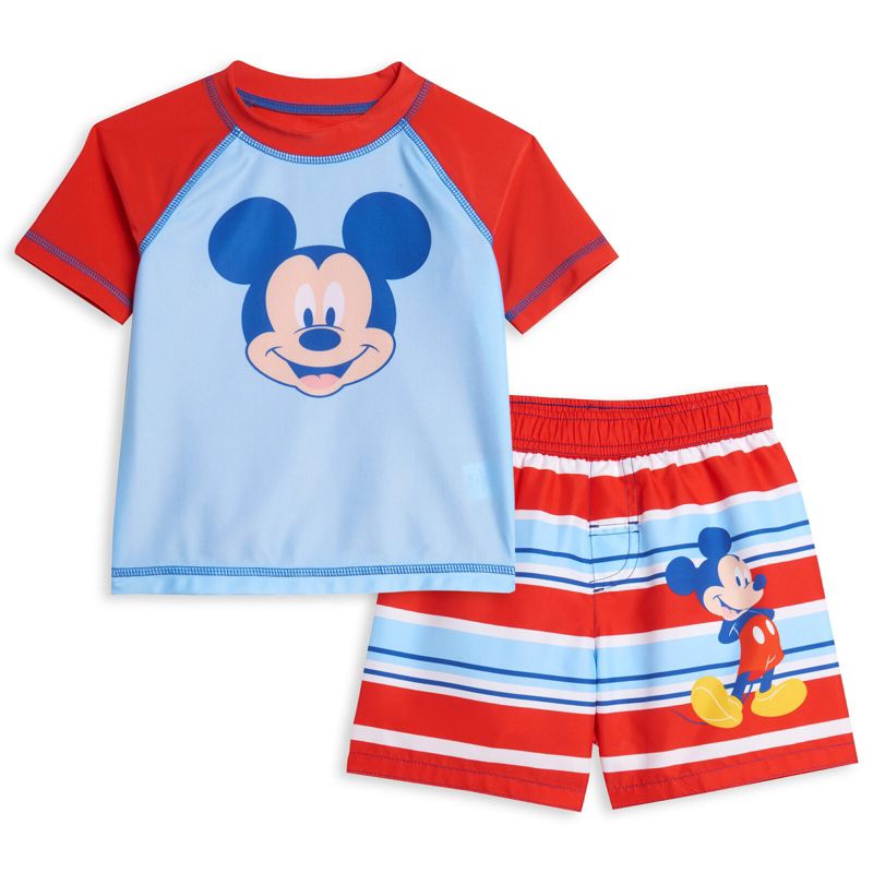 Disney Mickey Mouse Surfboard UPF 50+ Rash Guard shirt & Swim Trunks Outfit Set Toddler, 1 of 8