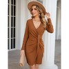 Womens Twist Front Waist Ribbed Bodycon Wrap Dress V Neck Long Sleeve Cocktail Party Midi Dresses - 4 of 4