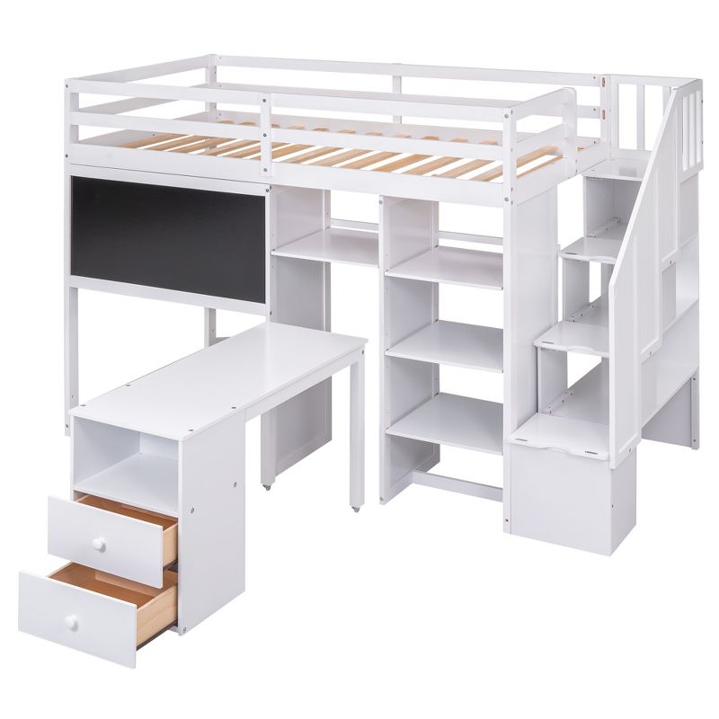 Twin Size Wood Loft Bed with Pullable Desk, Storage Shelves,Staircase and Blackboard-ModernLuxe, 5 of 11