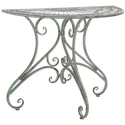 Antique Green Iron Half-Moon Patio Accent Table