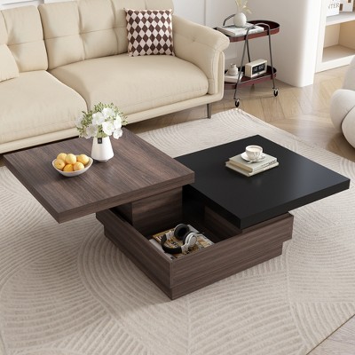 47"W Coffee Table Cocktail Table Center Table with Rotatable Top, Hidden Storage Space and Wood Grain Design, Brown+White/Black-ModernLuxe