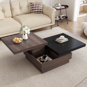 47"W Coffee Table Cocktail Table Center Table with Rotatable Top, Hidden Storage Space and Wood Grain Design, Brown+White/Black-ModernLuxe - 1 of 4