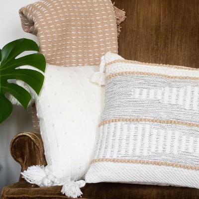 White Cotton Throw Pillow with Tassels and Knots, 18 x 18 inch