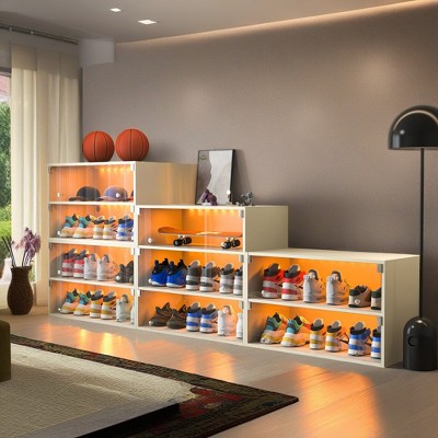 Lovmor Black Glass Door Shoe Box Shoe Storage Cabinet For Sneakers With RGB Led Light