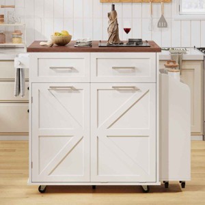 Farmhouse Kitchen Island with Drop Leaf, Kitchen Island with Removable Side Shelf and Trash Bin Cabinet, MDF Frame Kitchen Island-Coolbibila - 1 of 4