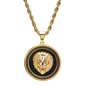 Steeltime Men's  stainless steel simulated diamond lion head on greek key mount pendant necklace. Color Options: Gold, Silver - 1 of 4