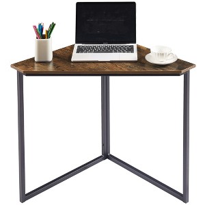VECELO Corner Computer Desk, Corner Table with Steel Frame for Small Space, Triangle Shape, Brown - 1 of 4