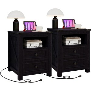 Vipbear Night Stand with Charging Station, Rustic 18 Inch Bedside Table with 2 Storage Drawers and Open Shelf - 1 of 4