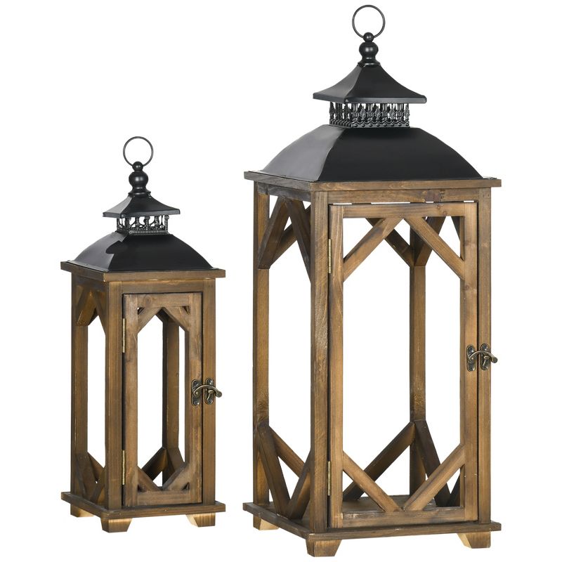 HOMCOM 2 Pack 31"/21" Large Rustic Lantern Decorations, Hanging Wooden Metal Indoor Covered Outdoor Lantern for Home Decor (No Glass), 1 of 7