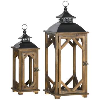 HOMCOM 2 Pack 31"/21" Large Rustic Lantern Decorations, Hanging Wooden Metal Indoor Covered Outdoor Lantern for Home Decor (No Glass)