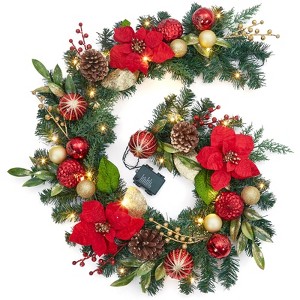 6FT Christmas Garland with Lights, Prelit Mantle Christmas Garland with Berries Red Poinsettia, Xmas Garland for Fireplace Stairs Holiday Decor - 1 of 4