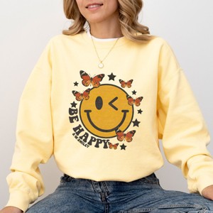 Simply Sage Market S.W.Smiley Be Happy Butterflies Garment Dyed Sweatshirt - 1 of 4