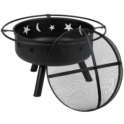 Emma and Oliver 29" Round Outdoor Wood Burning Iron Firepit With Mesh Spark Screen with Sun & Moon Ventilation Cutouts