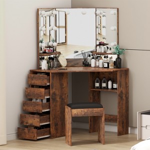 COZONY Corner Vanity Desk with Mirror & Stool, Makeup Vanity with Adjustable Color Tones - 1 of 4