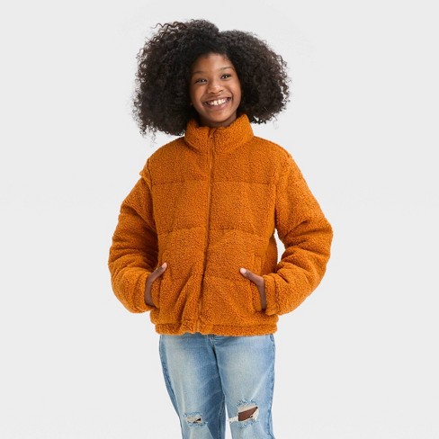 Girls Solid Fleece Cropped Puffer Jacket art class Rust Orange XS