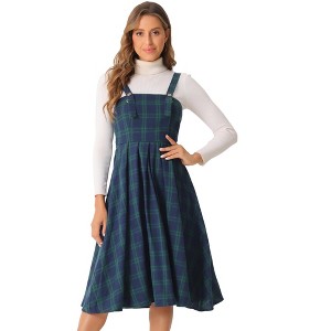 INSPIRE CHIC Women's Plaid Vintage Sleeveless A-Line Overall Pinafore Dress - 1 of 4