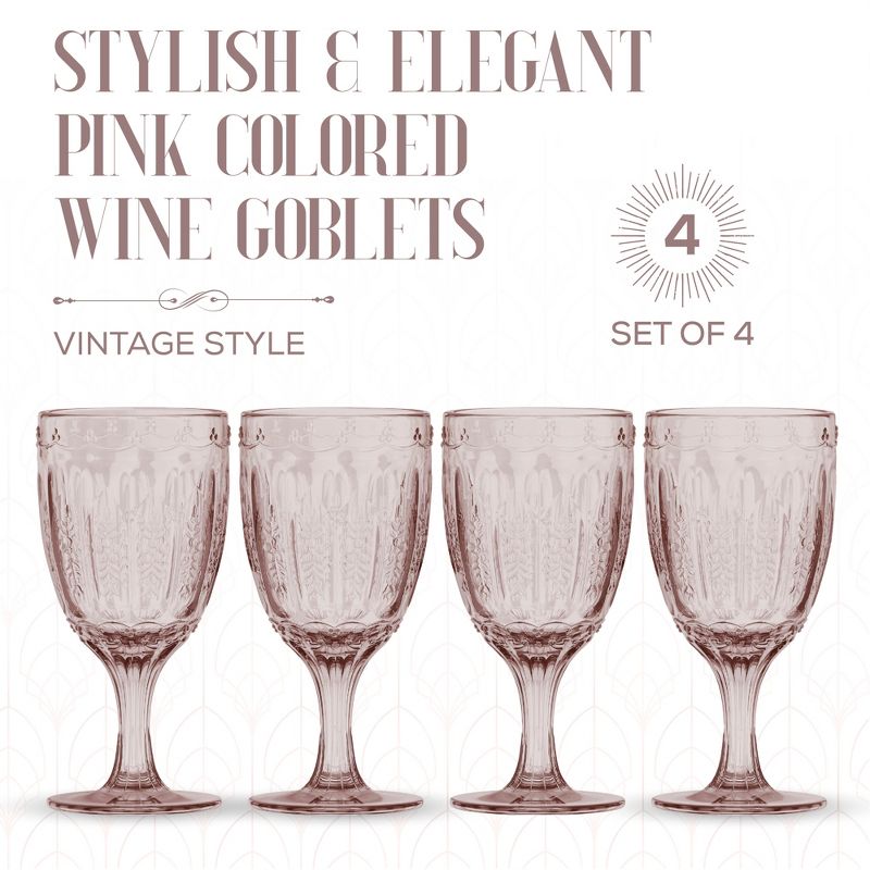 Elle Decor Vintage Wine Goblets, Set of 4, Color Tint Glassware Set, Water Goblets for Party, Wedding, & Daily Use, 10.1 oz, Pink, 2 of 8