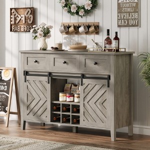 Farmhouse Buffet Cabinet with Sliding Barn Door, 33.4'' Tall Wood Rustic Sideboard, Adjustable Shelf and Removable Wine Rack for Dining Room - 1 of 4