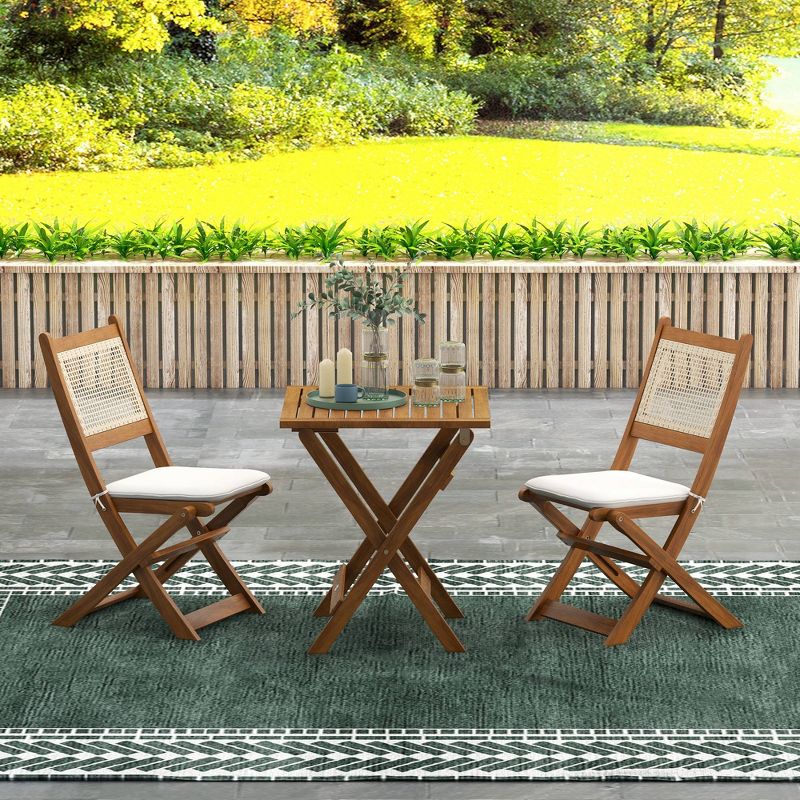Outsunny 3 Pieces Patio Wicker Bistro Set Foldable Wooden Rattan Conversation Furniture Outdoor w/ Cushions, for Porch, Backyard, Garden, Light Teak, 2 of 7