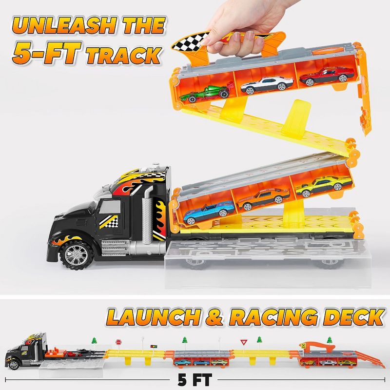 Syncfun Carrier Truck Toys for Kids,5-FT Race Track and 12 Die-Cast Metal Toy Cars, Racing Car Truck Toy Gift for Boys and Girls, 4 of 8
