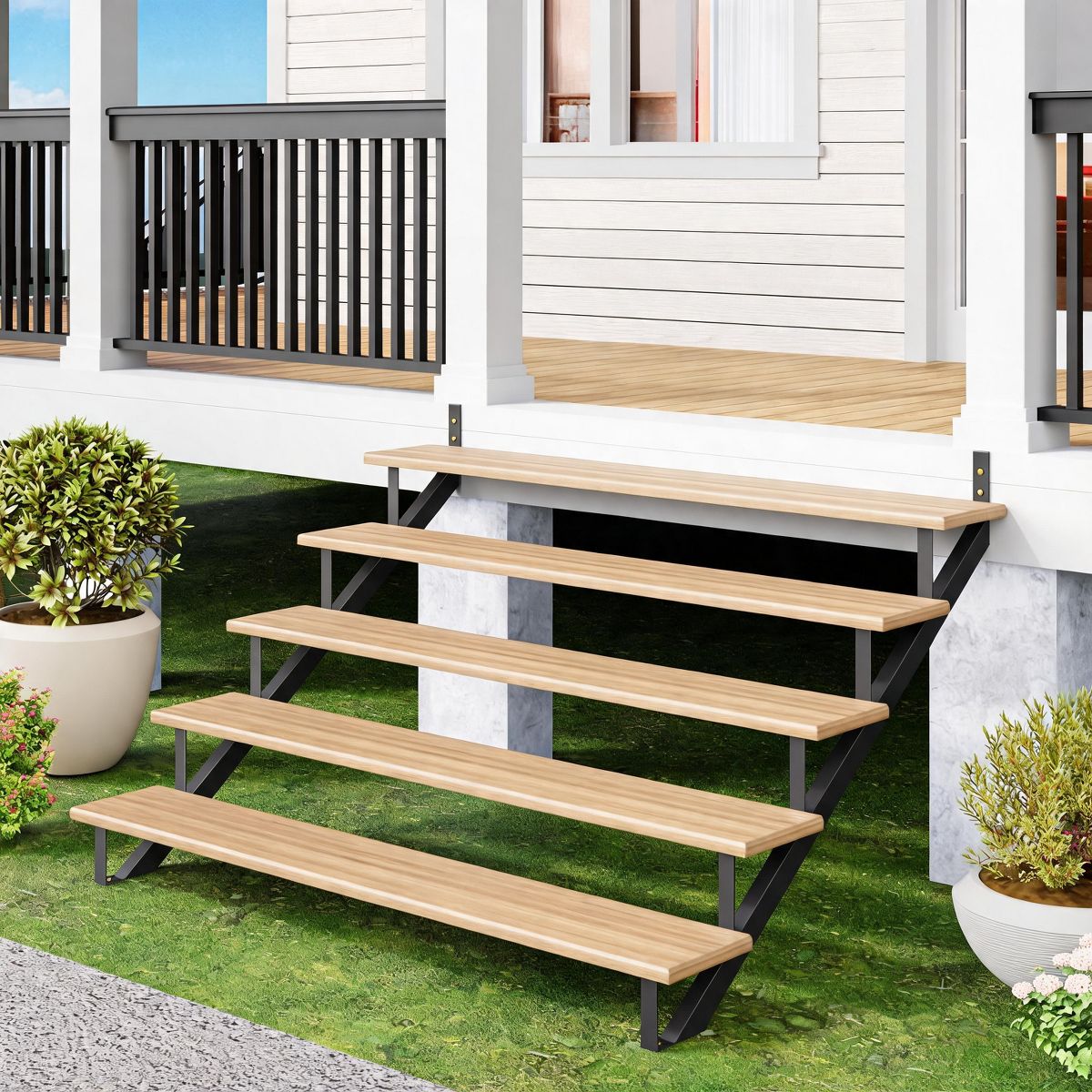 2 Pack Steel Stair Stringers, Heavy Duty Metal Stair Risers for 34.7 in Deck Height, Rugged Outdoor Step Support for Deck, Porch & Garden Stairs