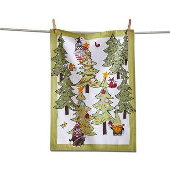 tagltd "Gnomies & Furry Friends" Winter Themed Cotton Kitchen Dishtowel Gnomes Decorating Christmas Trees with Bird & Fox, 26.0L x 18.0W in.