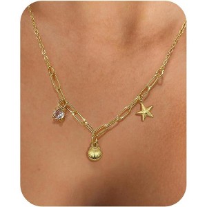 14K Gold Plated Shell Necklace - Starfish & Pearl Layered Beach Jewelry, Adjustable - 1 of 4