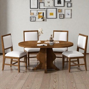 Mshliw Farmhouse 5-Piece Extendable Dining Table Set with 4 Upholstered Chairs, Wood Dining Set with 15.7" Leaf for Dining Room and Kitchen - 1 of 4