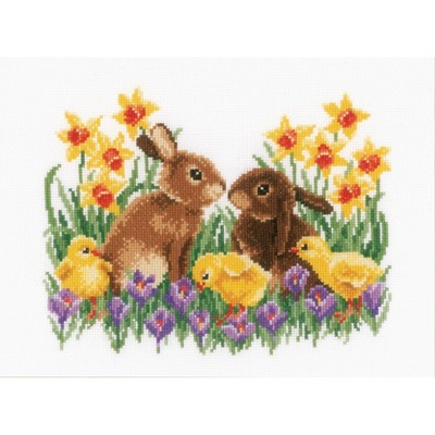 Vervaco Counted Cross Stitch Kit 10.8"X8.4"-Bunnies With Chicks (14 Count)