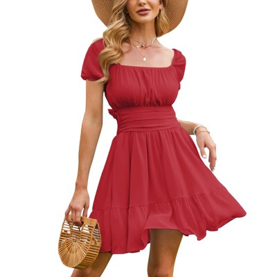 EXLURA Women's 2025 Summer Short Puff Sleeve Casual Short Mini Dresses Tie Back Square Neck A-Line Sundress