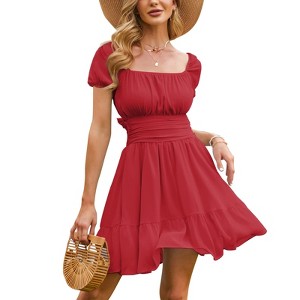 EXLURA Women's 2025 Summer Short Puff Sleeve Casual Short Mini Dresses Tie Back Square Neck A-Line Sundress - 1 of 4