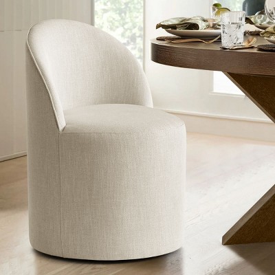 Modern Upholstered Dining Chair with Castors Round Dining Room Chair with Cushioned Backrest Linen Barrel Dining Chair for Kitchen -Tanpinhause