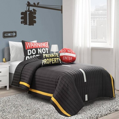 4pc Highway Kids' Quilt Set Charcoal/Yellow - Lush Décor: Boys Twin Bedding, Vehicles Theme, Includes Decorative Pillows