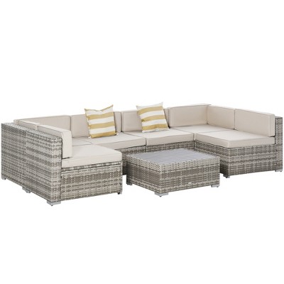 Outsunny 7-Piece Patio Furniture Sets Outdoor Wicker Conversation Sets All Weather PE Rattan Sectional sofa set with Cushions & Slat Plastic Wood Table