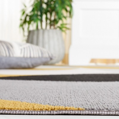 Modern Grey and Gold Black Synthetic Round Area Rug