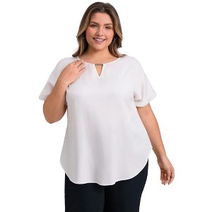 GRACE & GRANDEUR Women's Plus Size Keyhole Neck Metal Trim Folded Cuff Short Sleeve Dressy Casual Blouses - 1 of 4