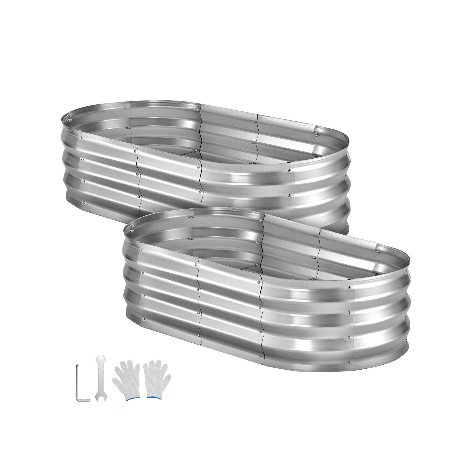 VEVOR 2 Pack Galvanized Raised Garden Beds, 4 x 2 x 1 ft, Oval Metal Planter Boxes Kit Outdoor, Bottomless Elevated Garden Box with Gloves, Silver