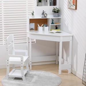 Kids Study Desk Chair Set, Wood Corner Study Table with Adjustable Chair, Hutch, Corkboard, Pen Holder, Children Homework Student Desk Set, White - 1 of 4