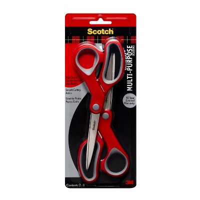 Scotch 2pk Multi-Purpose 8" Scissors: Stainless Steel, Office & School, Wrapping, Non-Powered Desk Tools, Red